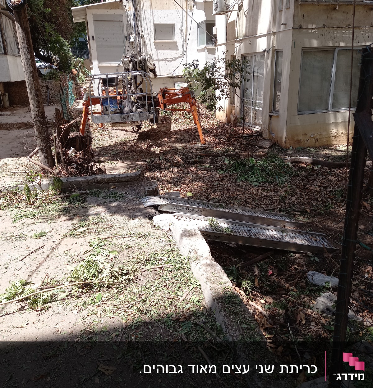 מכונת גיזום עם זרועות כתומות ליד עץ